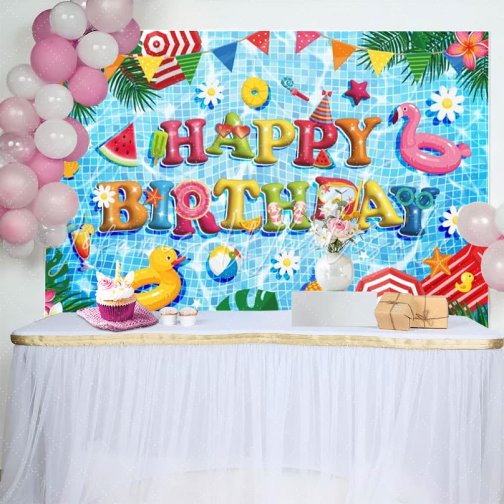 Blue Happy Birthday Pool Party Backdrop For Summer Vacation