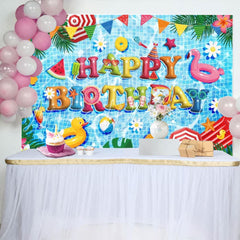 Blue Happy Birthday Pool Party Backdrop For Summer Vacation