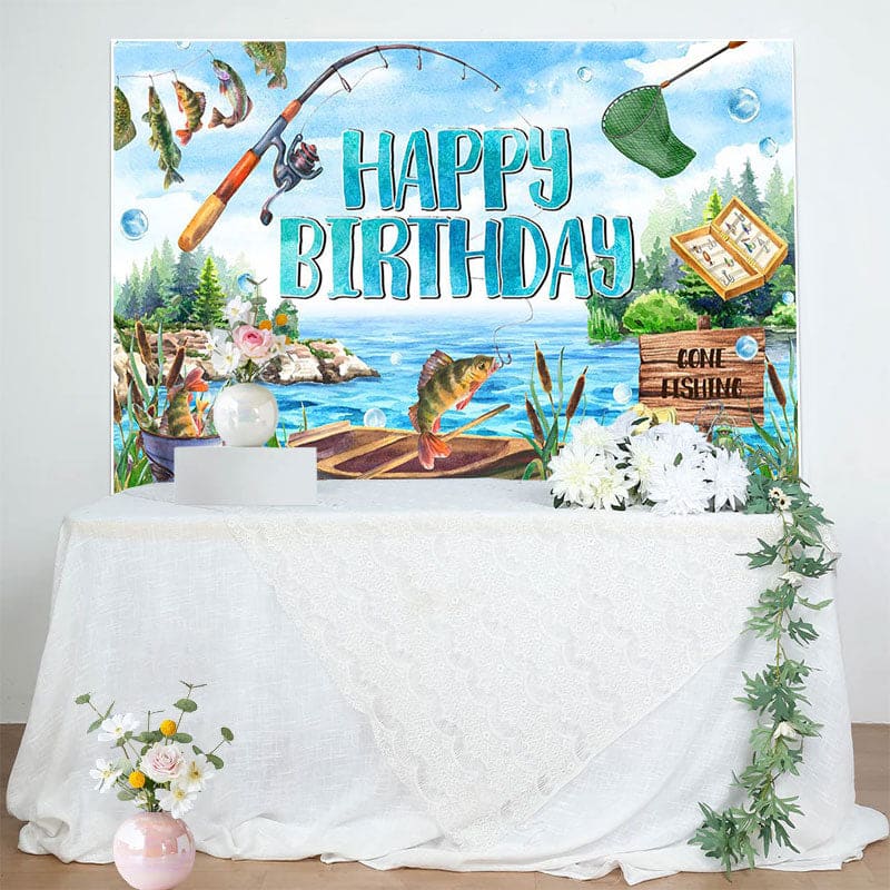 Blue Lake Wood Boat Fishing Happy Birthday Backdrop