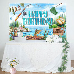 Blue Lake Wood Boat Fishing Happy Birthday Backdrop