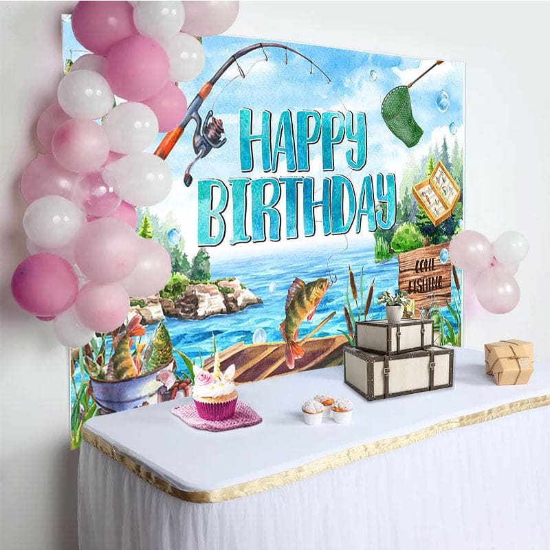 Blue Lake Wood Boat Fishing Happy Birthday Backdrop