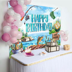 Blue Lake Wood Boat Fishing Happy Birthday Backdrop