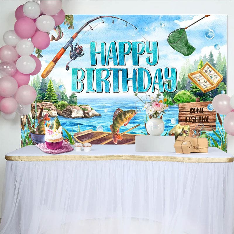 Blue Lake Wood Boat Fishing Happy Birthday Backdrop