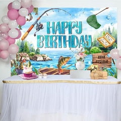 Blue Lake Wood Boat Fishing Happy Birthday Backdrop