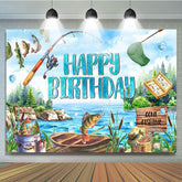 Blue Lake Wood Boat Fishing Happy Birthday Backdrop