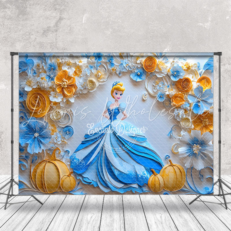Blue Orange Floral Pumpkin Cinderella Photo Backdrop