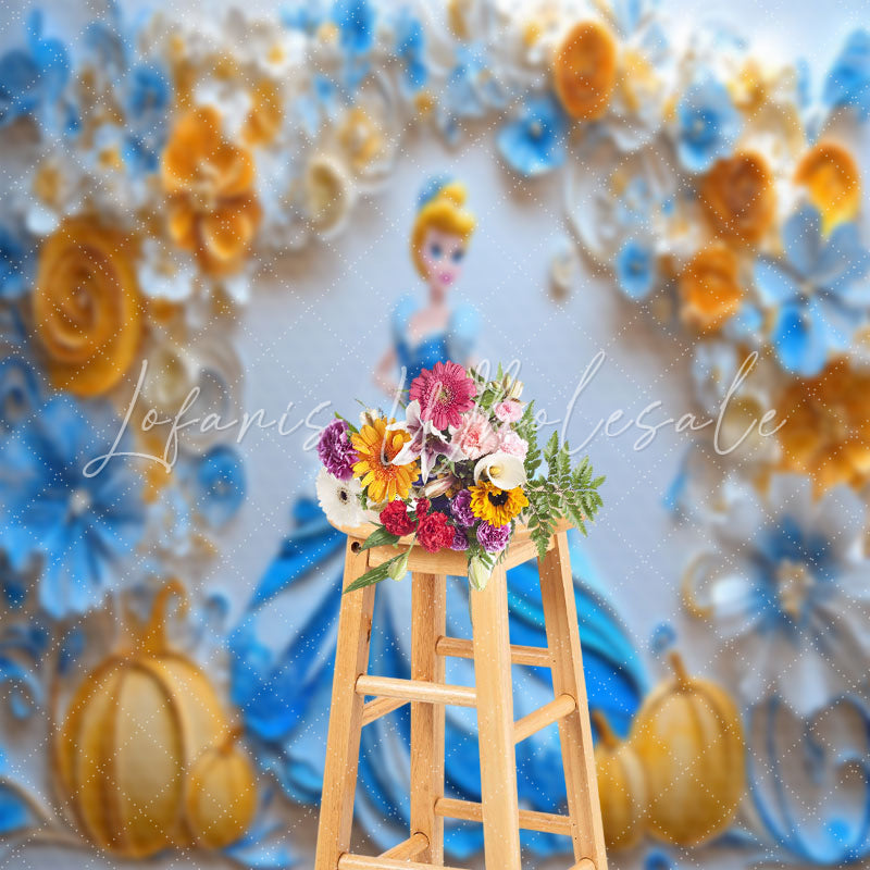 Blue Orange Floral Pumpkin Cinderella Photo Backdrop