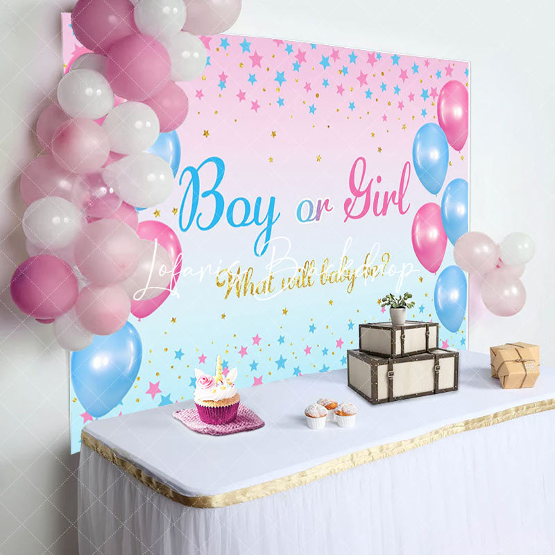 Lofaris Blue Pink Balloon Star Boho Gender Reveal Backdrop