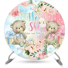Lofaris Blue Pink Floral Bears Round Gender Reveal Backdrop