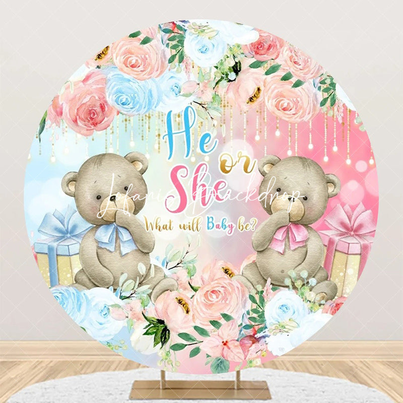 Lofaris Blue Pink Floral Bears Round Gender Reveal Backdrop