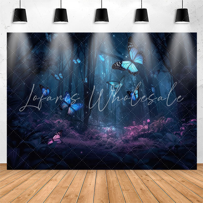 Lofaris Blue Purple Forest Butterfly Bokeh Birthday Backdrop
