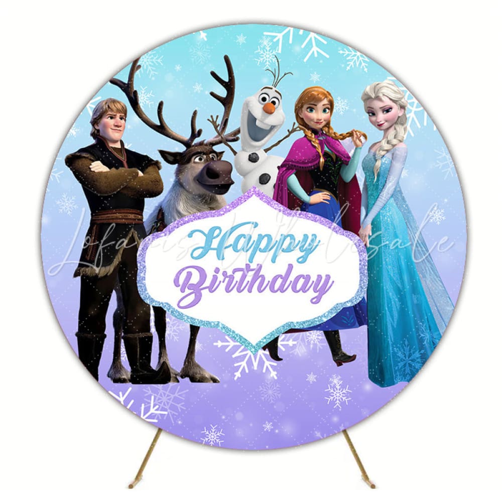 Blue Purple Snowflake Frozen Round Happy Birthday Backdrop