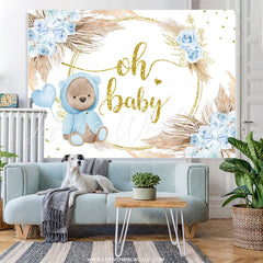 Lofaris Blue Rose Gold Oh Baby Bear Floral Shower Backdrop