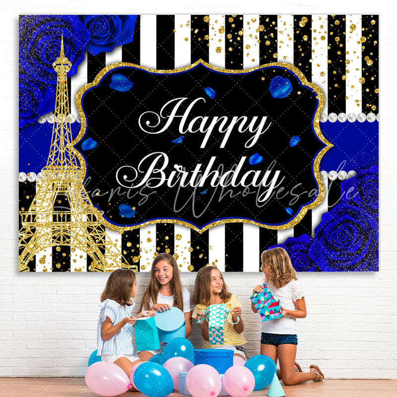 Lofaris Blue Roses and A Gold Eiffel Tower Birthday Backdrop