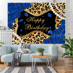 Lofaris Blue Roses Leopard Glitter Happy Birthday Backdrop