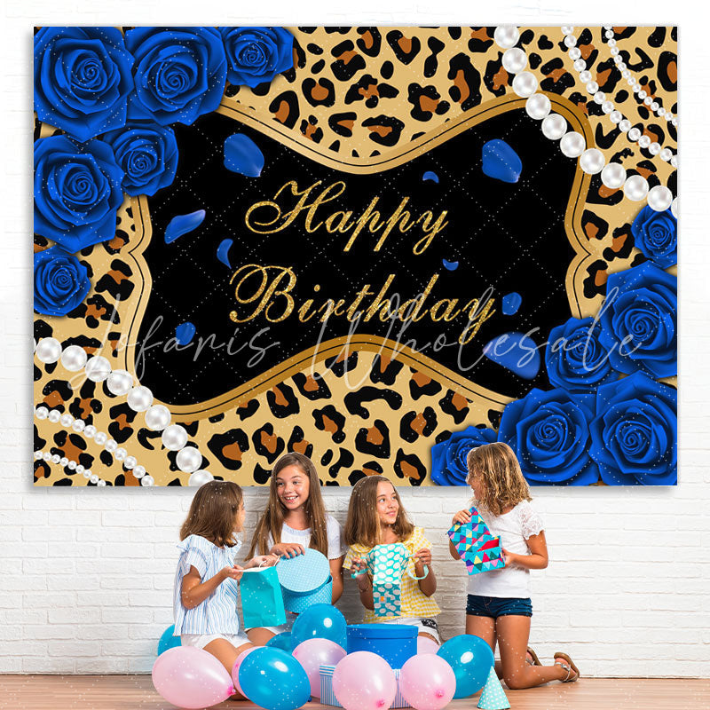 Lofaris Blue Roses Leopard Glitter Happy Birthday Backdrop