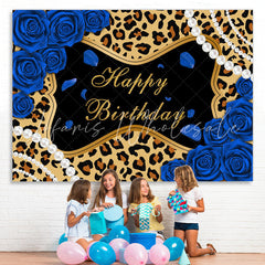 Lofaris Blue Roses Leopard Glitter Happy Birthday Backdrop