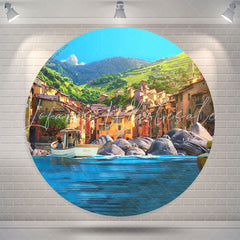 Lofaris Blue Sea Peaceful Town Mountain Round Luca Backdrop