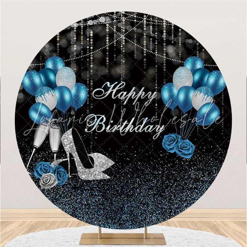 Lofaris Blue Silver Black Balloon Round Happy Birthday Backdrop