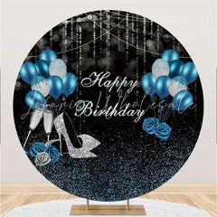 Lofaris Blue Silver Black Balloon Round Happy Birthday Backdrop