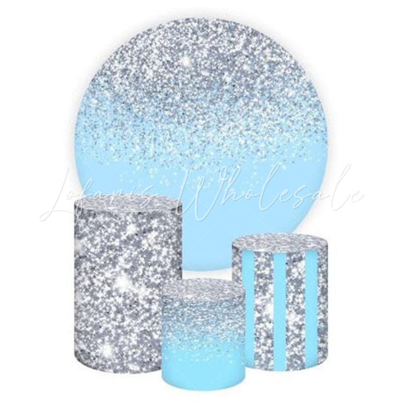 Blue Silver Glitter Themed Round Backdrop and Cylinders Kit for Decor