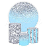 Blue Silver Glitter Themed Round Backdrop and Cylinders Kit for Decor