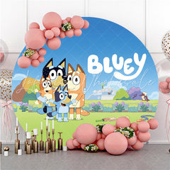Lofaris Blue Sky And Cartoon Dogs Round Happy Birthday Backdrop