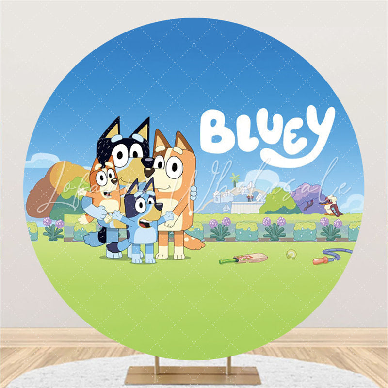 Lofaris Blue Sky And Cartoon Dogs Round Happy Birthday Backdrop