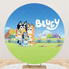 Lofaris Blue Sky And Cartoon Dogs Round Happy Birthday Backdrop