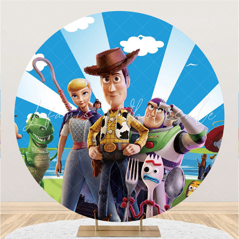 Lofaris Blue Sky And Cartoon Toy Round Boys Birthday Backdrop