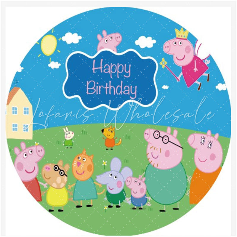 Lofaris Blue Sky And Glass Round Pig Family Birthday Backdrop