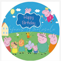 Lofaris Blue Sky And Glass Round Pig Family Birthday Backdrop
