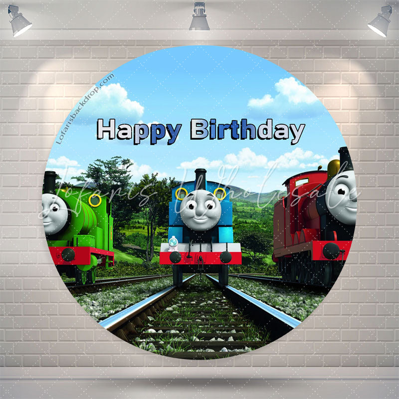 Lofaris Blue Sky And Little Train Round Happy Birthday Backdrop