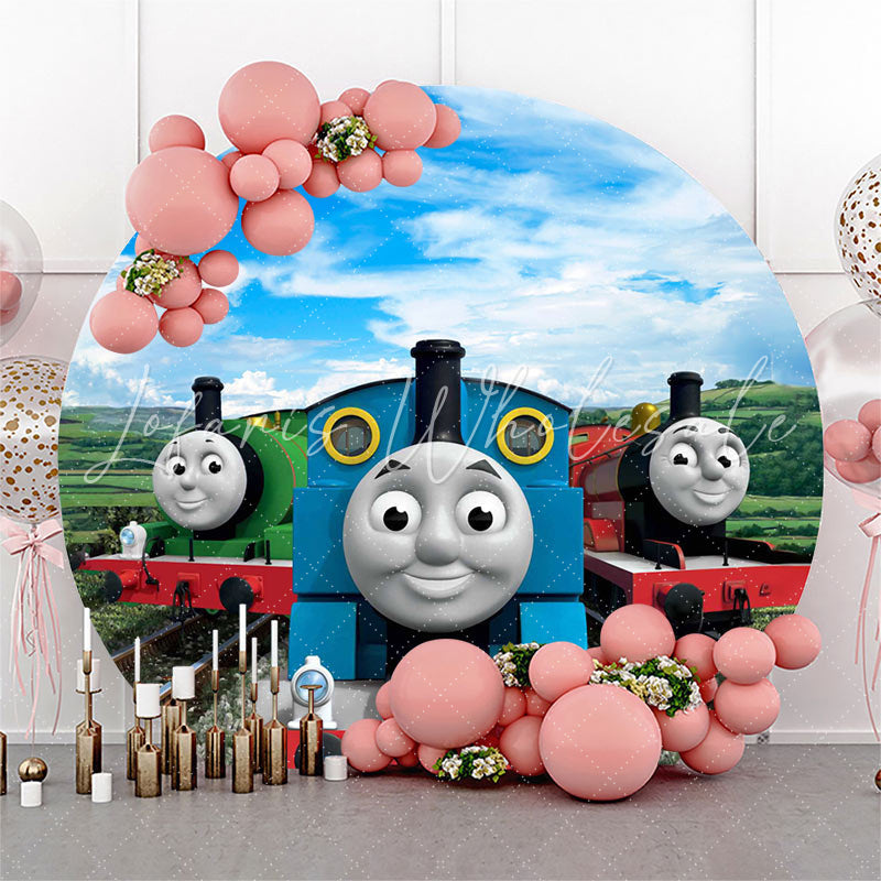 Lofaris Blue Sky And Train Happy Birthday Round Backdrop Kit