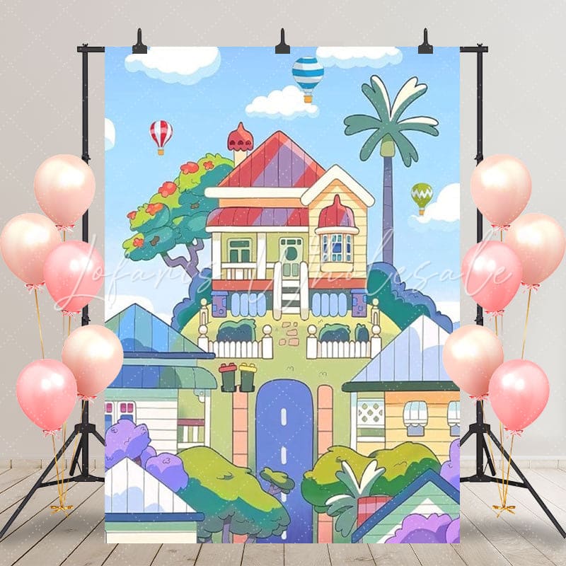 Blue Sky Cartoon Dog Bluey House Hot Air Balloon Backdrop For Kids