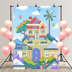 Blue Sky Cartoon Dog Bluey House Hot Air Balloon Backdrop For Kids