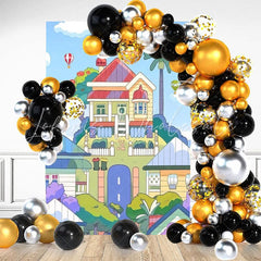 Blue Sky Cartoon Dog Bluey House Hot Air Balloon Backdrop For Kids
