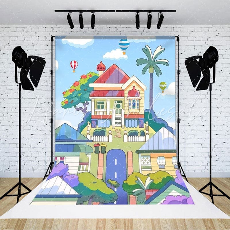 Blue Sky Cartoon Dog Bluey House Hot Air Balloon Backdrop For Kids