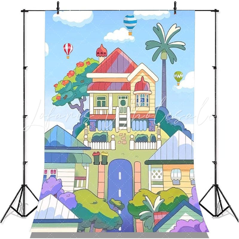 Blue Sky Cartoon Dog Bluey House Hot Air Balloon Backdrop For Kids