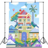 Blue Sky Cartoon Dog Bluey House Hot Air Balloon Backdrop For Kids