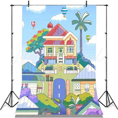 Blue Sky Cartoon Dog Bluey House Hot Air Balloon Backdrop For Kids