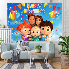 Lofaris Blue Sky Cartoon Happy Family Backdrop For Birthday