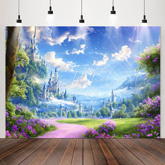 Lofaris Blue Sky Castle Purple Floral Birthday Backdrop