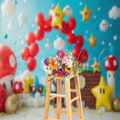 Blue Sky Cloud Balloons Mario Cake Smash Backdrop