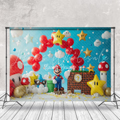 Blue Sky Cloud Balloons Mario Cake Smash Backdrop