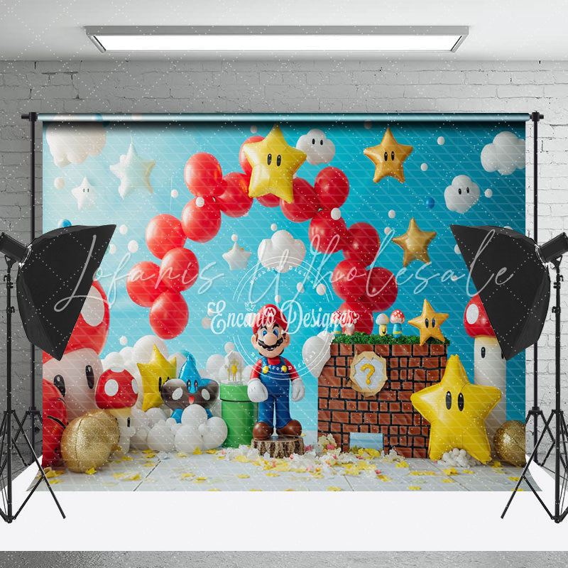 Blue Sky Cloud Balloons Mario Cake Smash Backdrop