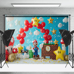 Blue Sky Cloud Balloons Mario Cake Smash Backdrop