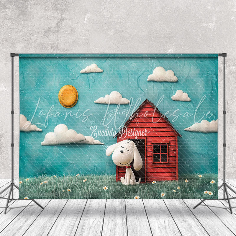 Blue Sky Cloud House Dog Snoopy Cake Smash Backdrop