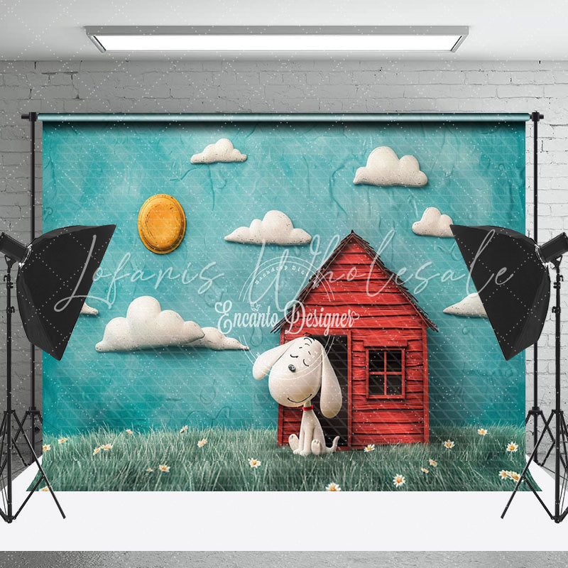 Blue Sky Cloud House Dog Snoopy Cake Smash Backdrop