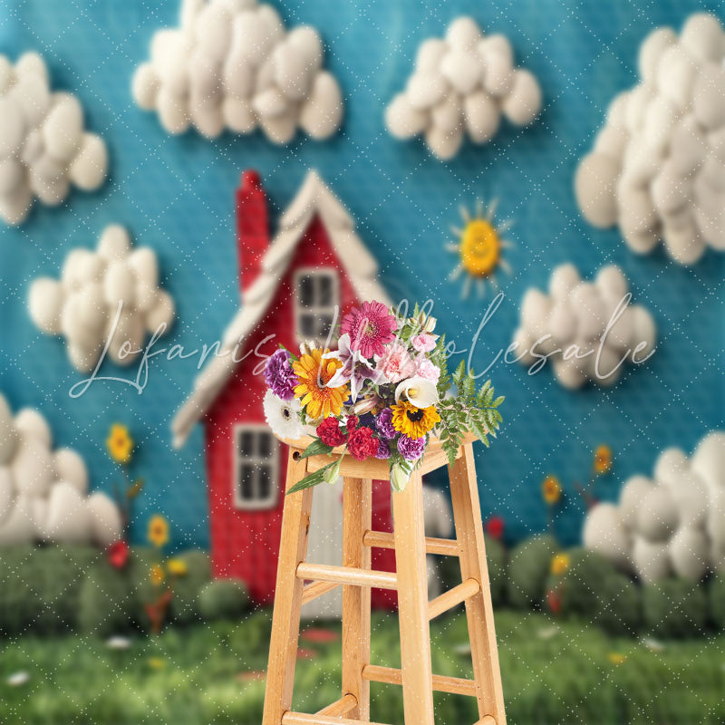 Blue Sky Cloud Red House Snoopy Cake Smash Backdrop